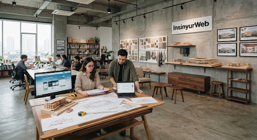 Showroom studio arsitektur interior modern dengan meja sketsa teknis dan pencahayaan presisi